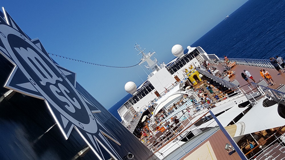 View from aft end of the MSC Sinfonia; with the MSC logo on the funnel