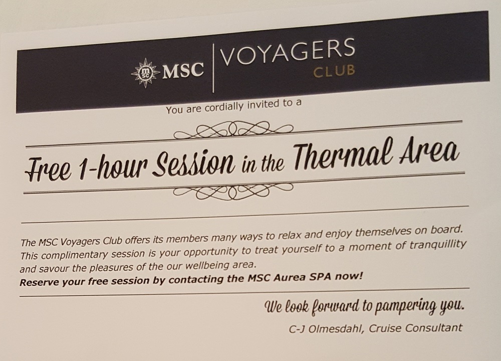 MSC Voyagers Club - free 1 hour session in the thermal area.